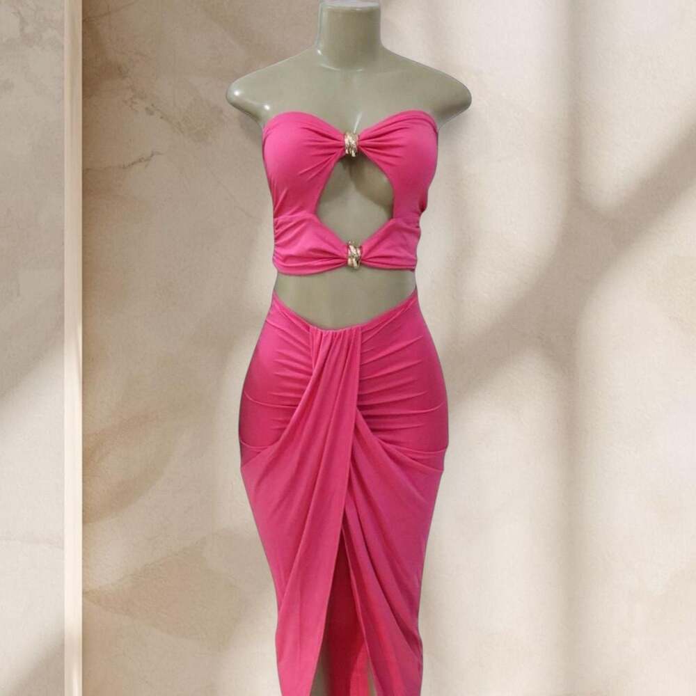 Pink Cutout Two Piece Set – Strapless Top & Draped Maxi Skirt Barbie Sexy ✧ M